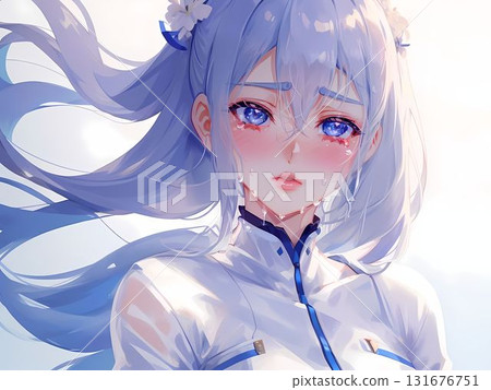 A beautiful blue-haired woman shedding tears of moisture A beautiful blue-haired woman shedding tears of moisture 131676751