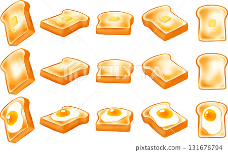 Freshly baked toast assortment, fried egg, butter 131676794