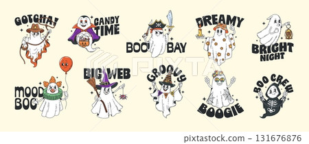 Cartoon Halloween ghost characters y2k hippie groovy stickers. Vector retro groovy ghosts wearing Halloween night party costumes of witch, vampire, skeleton and clown, pirate and cowboy y2k stickers Cartoon Halloween ghost characters y2k hippie groovy stickers. Vector retro groovy ghosts wearing Halloween night party costumes of witch, vampire, skeleton and clown, pirate and cowboy y2k stickers 131676876