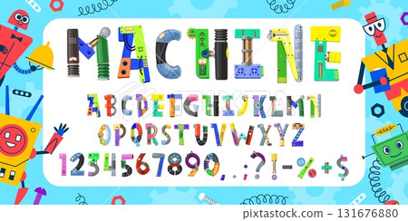 Kids robot font, mechanic type letters alphabet vector typography set. Cartoon gears, mechanical wheels and machine parts font letters and numbers with cute kids robot characters, bolts and springs 131676880