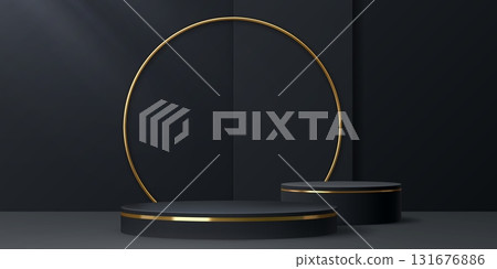 3d podium stage with golden arch. Round black platform with gold arched frame. Vector elegant background for events or presentations. Modern circular scene for cosmetics, products exhibition showcase 131676886