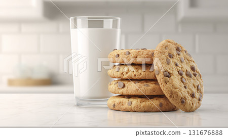 Stack of chocolate chip cookies next to a glass of milk. AI-generated item 131676888