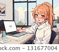 A woman working on a PC with a shy smile 131677004