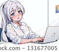 A woman facing a PC with a troubled look 131677005