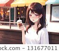 A woman holding a cup of coffee and looking at the camera 131677011