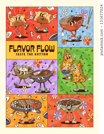 Funny Korean cuisine groovy characters posters featuring cartoon Asian dishes like dumplings, ramen bowls, samosas, hot pot, and noodles dancing with cheerful expressions against vibrant backgrounds Funny Korean cuisine groovy characters posters featuring cartoon Asian dishes like dumplings, ramen bowls, samosas, hot pot, and noodles dancing with cheerful expressions against vibrant backgrounds 131677024