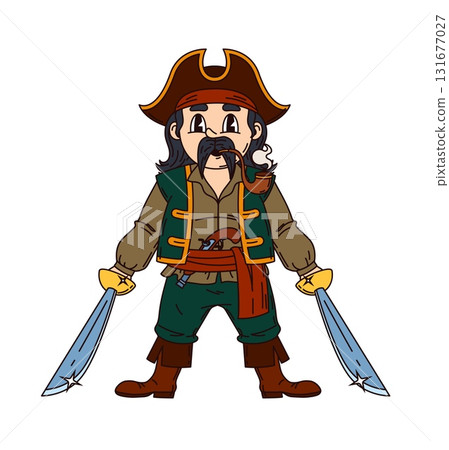 Groovy pirate sailor or corsair captain character with sword sabers, cartoon vector. Caribbean pirate skipper or boatswain corsair and filibuster man with smoking pipe and musket as groovy character Groovy pirate sailor or corsair captain character with sword sabers, cartoon vector. Caribbean pirate skipper or boatswain corsair and filibuster man with smoking pipe and musket as groovy character 131677027