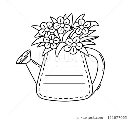 Watering jug kids memo note template. Kids schedule vector frame, children scrapbook page sticker. Child diary page To Do list template or memo note with watering can and garden flowers 131677065