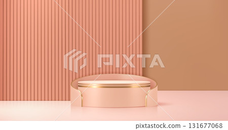 3d beige podium cosmetics stage with soft pink and brown tones, golden accents, and vertical panel backdrop. Elegant 3d vector display scene for showcasing products, cosmetics, or luxury branding 131677068