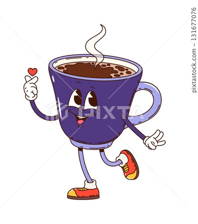 Cartoon groovy coffee cup drink character with smiling face, steam rising and finger heart gesture. Isolated vector purple porcelain hot coffee mug retro breakfast personage with cheerful lovely face Cartoon groovy coffee cup drink character with smiling face, steam rising and finger heart gesture. Isolated vector purple porcelain hot coffee mug retro breakfast personage with cheerful lovely face 131677076