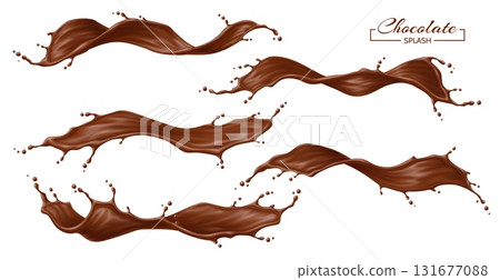Chocolate drink flow splash and waves set. Realistic 3d vector isolated cocoa dessert swirl drink or flow stream with splatters. Brown coffee streams with drops, liquid splashing with droplets scatter 131677088