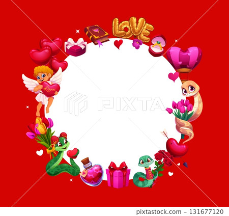 Happy Valentine day frame with playful cherubs, cute cartoon snakes holding heart and flowers, gifts, balloons and desserts on red background, adorned with festive romantic elements for celebration Happy Valentine day frame with playful cherubs, cute cartoon snakes holding heart and flowers, gifts, balloons and desserts on red background, adorned with festive romantic elements for celebration 131677120
