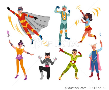 Cartoon kids superhero characters, girls and boys in superhero costumes with magic powers, vector set. Superhero kids with magic power, superpower and energy blasts for child superhuman characters 131677130