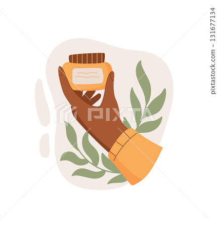 Woman's hand holds a jar of cream, showcasing a cosmetic product for skincare and beauty. Concept of natural care, organic ingredients, and flat cartoon graphic style. Suitable for beauty wellness Woman's hand holds a jar of cream, showcasing a cosmetic product for skincare and beauty. Concept of natural care, organic ingredients, and flat cartoon graphic style. Suitable for beauty wellness 131677134