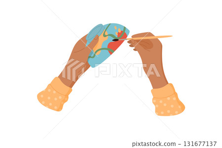 Hands engaged in craft activity, painting a colorful bowl with a brush and tool. Creative process of DIY art and craftwork, flat style. Suitable for childrens workshops creative classes. 131677137
