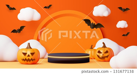 3d Halloween podium with pumpkins. Realistic festive background with jack lanterns, bats, clouds and empty circular pedestal. Black orange scene for spooky product display, seasonal holiday promotions 131677138