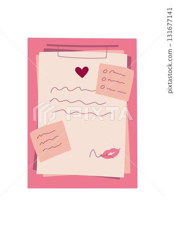 Paper note with love message and cute heart design. Flat envelope and card, perfect for sending love notes. Ideal for romantic occasions, stationery design, gift ideas. 131677141
