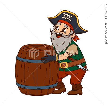 European cartoon pirate and corsair character with rum barrel. Isolated vector groovy funny captain y2k personage exhibits joyful expression hugging a large wooden cask, filled with alcohol drink 131677142