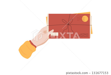 Hand holding a bundle of mail including letters, cards, and envelopes. Concept of love and gift for holiday occasions, flat style with creative approach. Suitable for stationery or correspondence Hand holding a bundle of mail including letters, cards, and envelopes. Concept of love and gift for holiday occasions, flat style with creative approach. Suitable for stationery or correspondence 131677153
