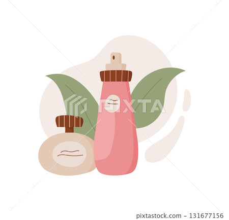 Cosmetic lotion bottle and cream in flat style, representing beauty and skincare product. Organic eco design with clean packaging. Ideal for personal care beauty themes. 131677156