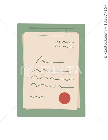 Handwritten letter and note on paper with envelope and seal, in a flat graphic cartoon graphic style. Concept of communication, correspondence, love, suitable for stationery or greeting card designs. Handwritten letter and note on paper with envelope and seal, in a flat graphic cartoon graphic style. Concept of communication, correspondence, love, suitable for stationery or greeting card designs. 131677157