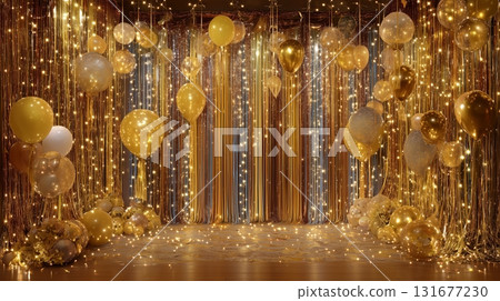 Gold particles, glitter curtains, balloons 131677230