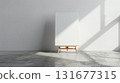 Front view Single one easel with white empty blank canvas in interior of exhibition studio or artist workshop. . Mock up for artwork image, paint creative space. 131677315