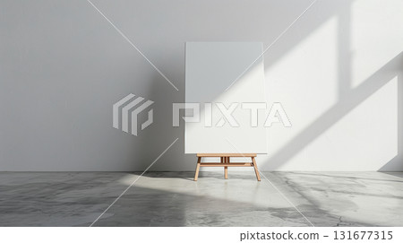 Front view Single one easel with white empty blank canvas in interior of exhibition studio or artist workshop. . Mock up for artwork image, paint creative space. 131677315