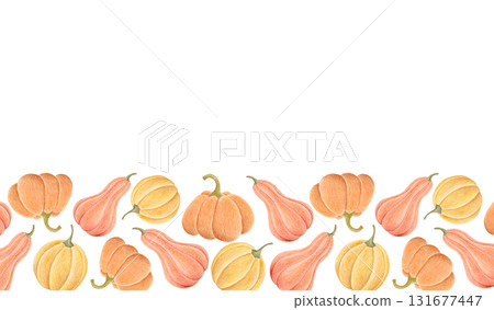 Pumpkin autumn border, fall watercolor illustration 131677447