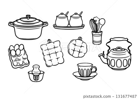 Kitchenware set. Kitchen utensils, tools, equipment and cutlery for cooking. Cook appliances and accessories collection. Doodle illustrations of cookware objects isolated on white background 131677487