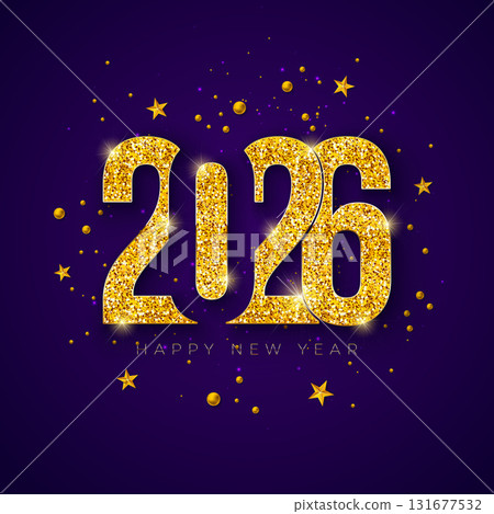 2026 Happy New Year Greeting Card Illustration with Gold Glittered Typography Number and Christmas Stars on Shiny Blue Background. New Year Celebration Holiday Design with Christmas Ornaments for 131677532