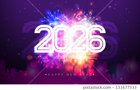 2026 Happy New Year Banner Design with White Number and Fireworks on Night Blue Background. Christmas Holiday Illustration with Typography Lettering for Flyer, Greeting Card, Banner, Celebration 131677533