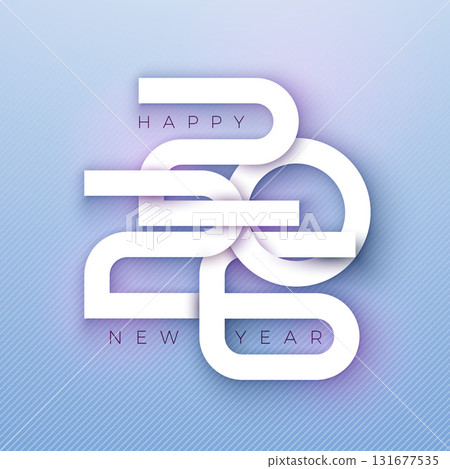 Happy New Year 2026 Greeting Card Design with Cut Out Number on Light Blue Background. Christmas Holiday Celebration Illustration with Logo Typography for Calendar, Flyer, Banner, Poster, Party 131677535
