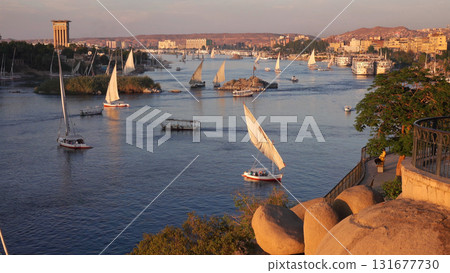 felucca boats on Nile river in Aswan Egypt 131677730