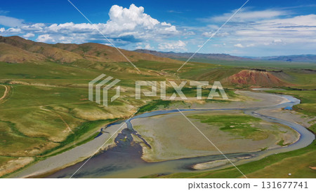 Aerial mountains landscape in Orkhon valley Aerial mountains landscape in Orkhon valley 131677741