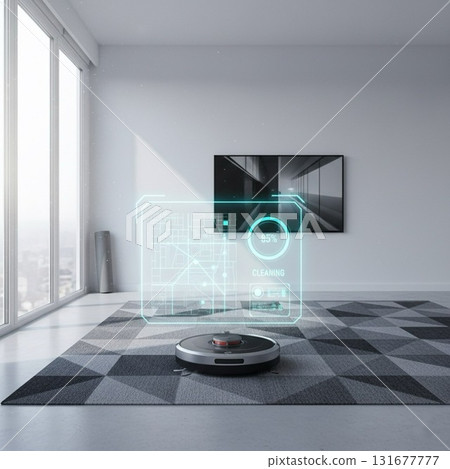 Robot Vacuum Cleaning Modern Smart Home with Holographic Interface Display Robot Vacuum Cleaning Modern Smart Home with Holographic Interface Display 131677777