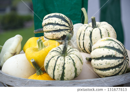 A vibrant assortment of gourds and pumpkins displayed in a rustic wooden basket 131677813