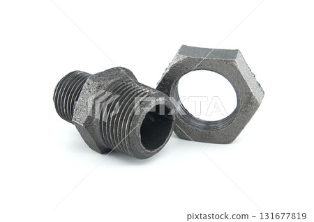 Metal Threaded Pipe Fitting and Hex Nut Isolated on White Background Metal Threaded Pipe Fitting and Hex Nut Isolated on White Background 131677819