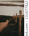 Winding path through coastal landscape. A dirt path meanders through a grassy landscape towards the sea, creating a sense of journey and exploration. Rural land with a winding trail and wooden fence. 131677822