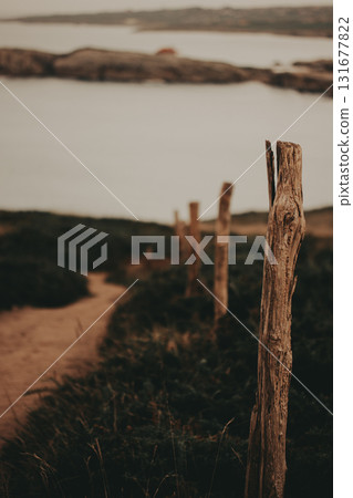 Winding path through coastal landscape. A dirt path meanders through a grassy landscape towards the sea, creating a sense of journey and exploration. Rural land with a winding trail and wooden fence. 131677822