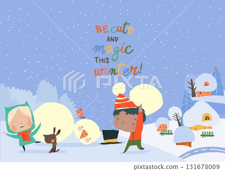 Children building Snowman Together and having Snowball Fight in Forest during Snowfall. Kids jumping and running Children building Snowman Together and having Snowball Fight in Forest during Snowfall. Kids jumping and running 131678009