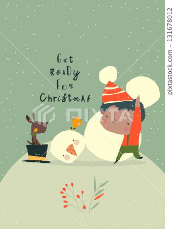 Little Boy building Snowman in Forest during Snowfall 131678012