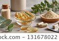Clean blister pack for vitamin B12 capsules. Small glass bowl holds magnesium powder and leafy greens. Omega-3 fish oil capsules feature golden transparency. Medical aesthetic and design. 131678022