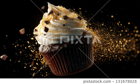 One chocolate muffin fresh baked. Dark cupcake falling mid-air. Sweet vanilla frosting falls on black background. Crumbs flying and chocolate shards golden sprinkles fly. Dynamic sweet dessert shot. 131678028