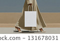 Woman in fashion, wearing a white dress, walks with a paper bag. Packaging bag mock up. Tote bag template in an urban outdoor environment with sharp, sunlit shadows. Isolated surface for design. 131678031