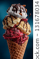 Tasty vanilla with chocolate nut and peach raspberry or strawberry cherry ice creams in wafer cone. Delicious sweet milk candy berry balls 131678034