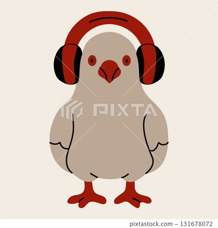 A playful illustration of a cute bird sporting a pair of red headphones. 131678072