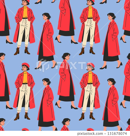 Fashionable women in red coats walking on a light blue background in a stylish, repetitive pattern Fashionable women in red coats walking on a light blue background in a stylish, repetitive pattern 131678074