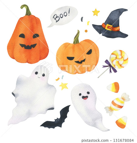 Watercolor Halloween hand drawn illustrations set. Print Halloween pumpkin, ghosts, bat and candies. Festive design and decoration. Fun holiday pattern Watercolor Halloween hand drawn illustrations set. Print Halloween pumpkin, ghosts, bat and candies. Festive design and decoration. Fun holiday pattern 131678084