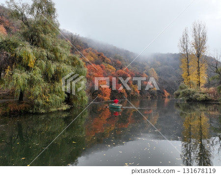 Man rowing boat on misty autumn lake with colorful trees, Kazakhstan 131678119